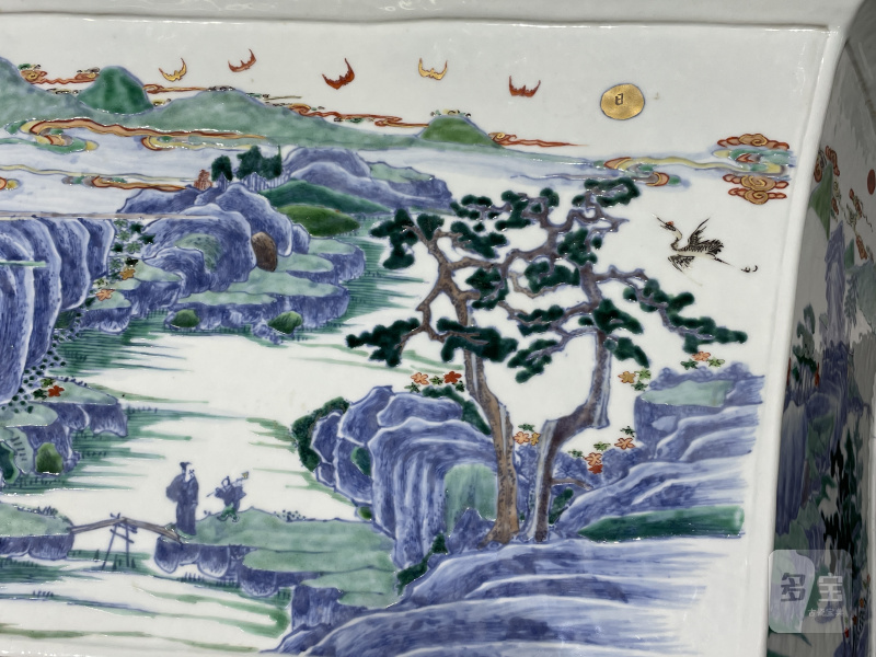 清康熙 斗彩山水人物六角棱口大花盆 - 图4